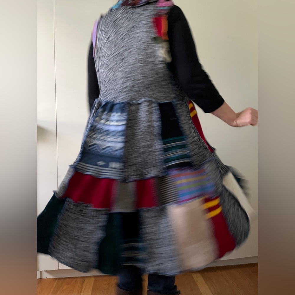 Upcycled Sweater Vest Long Cardi Boho Hippie Tiered Pixie Patchwork Cottage Core - Picture 13 of 14